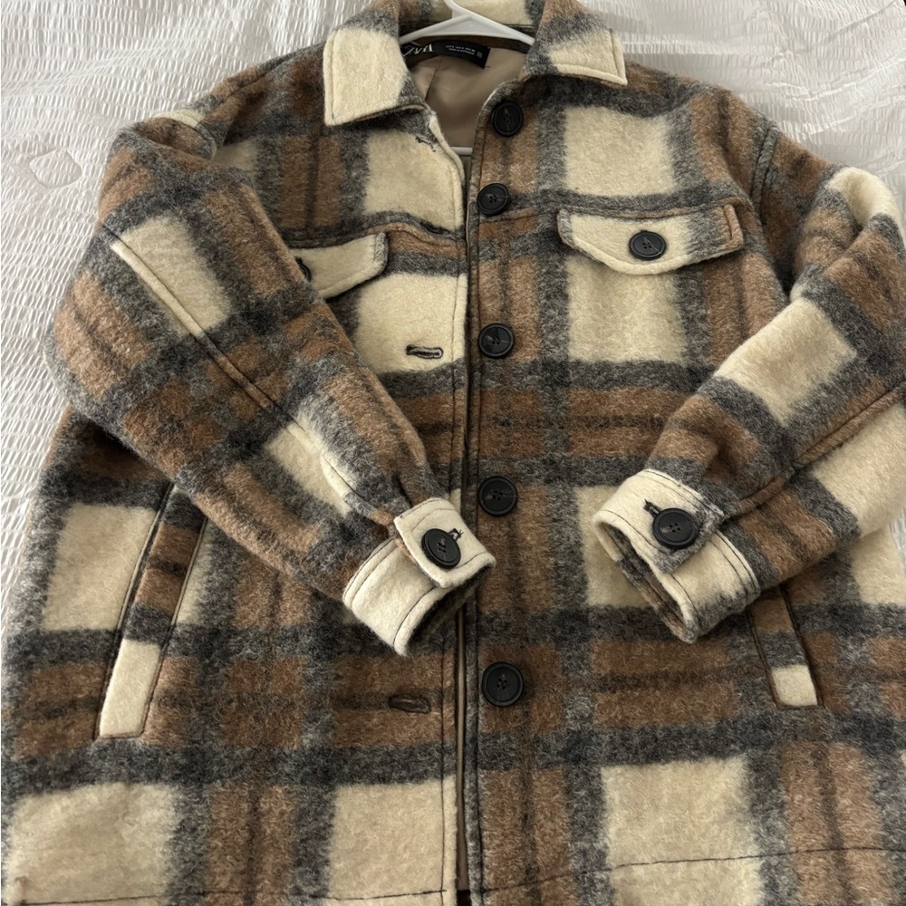 Zara Beige and Gray Wool Shirt Jacket
